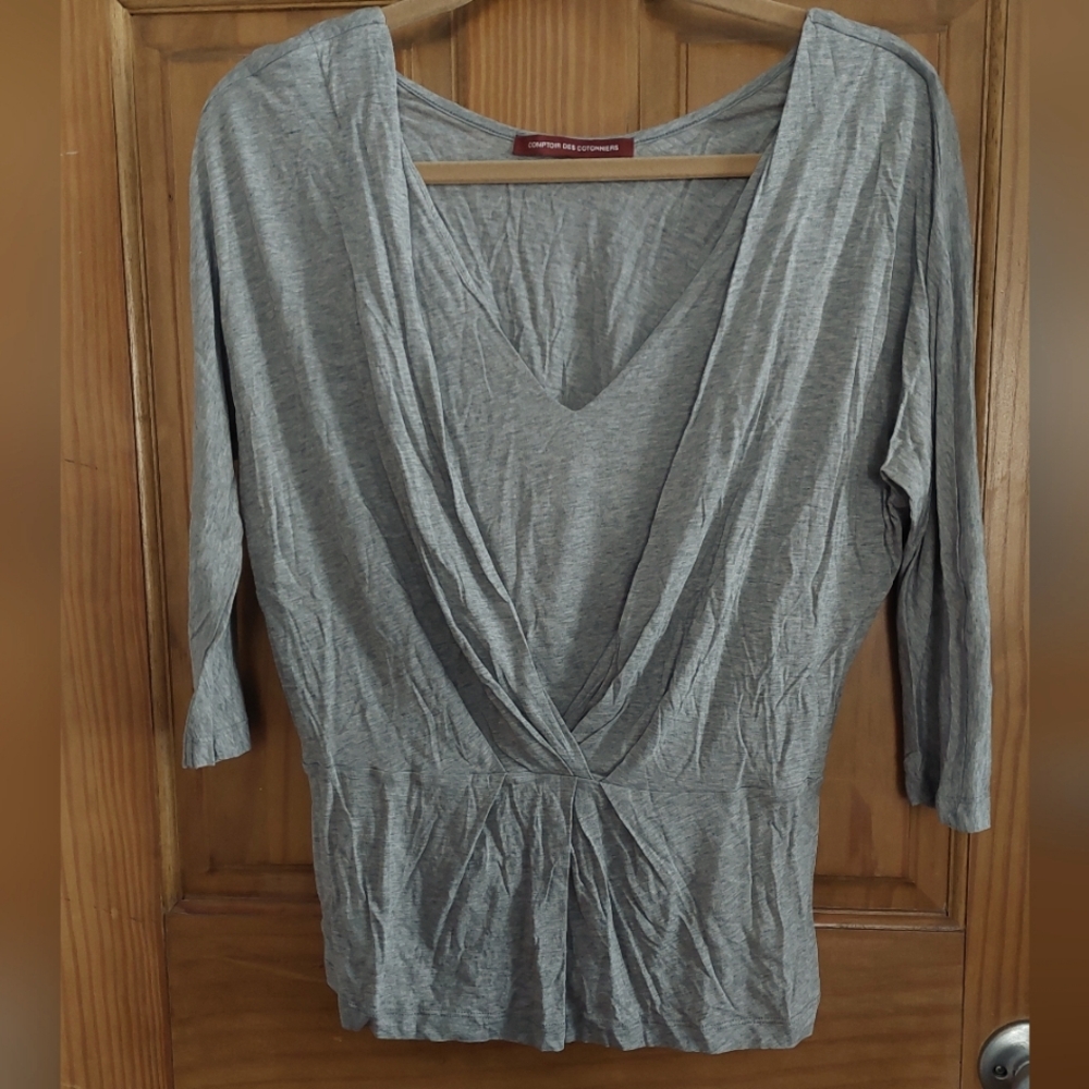 COMPTOIR DES COTONNIERS heather grey 3/4 sleeve v-neck knit SZ L